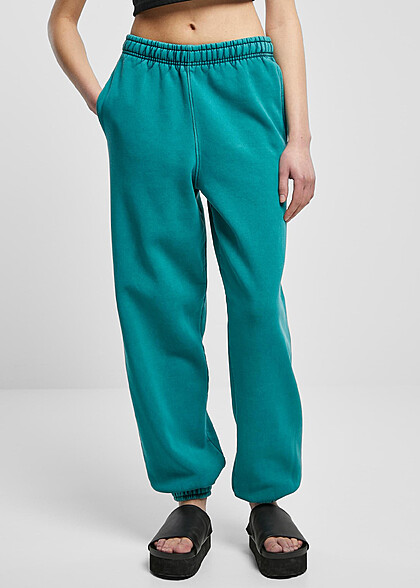 Urban Classics Damen High Waist Stone Washed Jogginghose mit 2-Pockets wasser grn