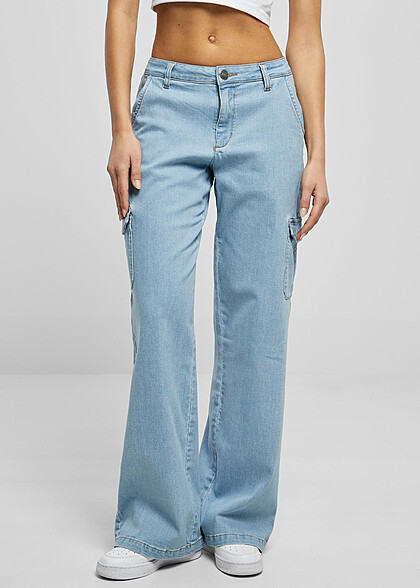 Urban Classics Damen High Waist Cargo Jeanshose washed hell blau