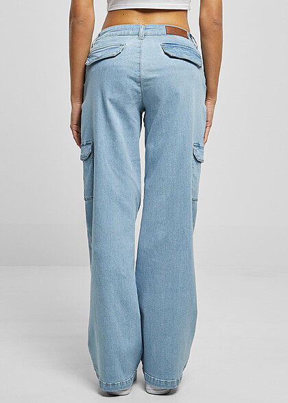 Urban Classics Damen High Waist Cargo Jeanshose washed hell blau