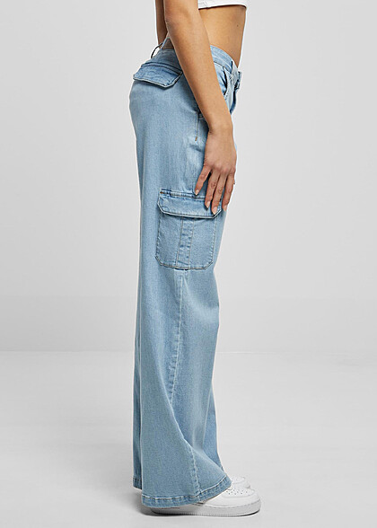 Urban Classics Damen High Waist Cargo Jeanshose washed hell blau