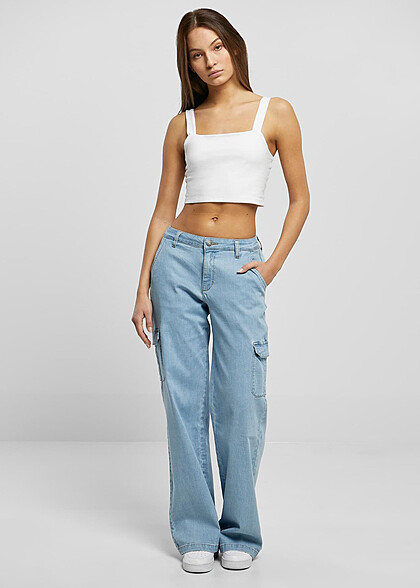 Urban Classics Damen High Waist Cargo Jeanshose washed hell blau