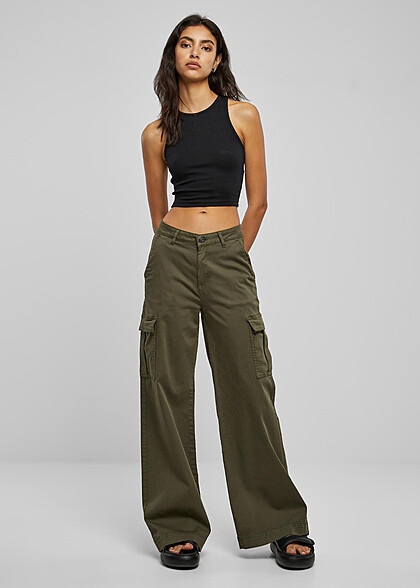 Urban Classics Damen High Waist Twill Cargohose olive grün