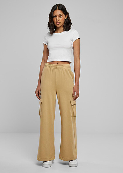 Urban Classics Damen High Waist Terry Cargohose union beige