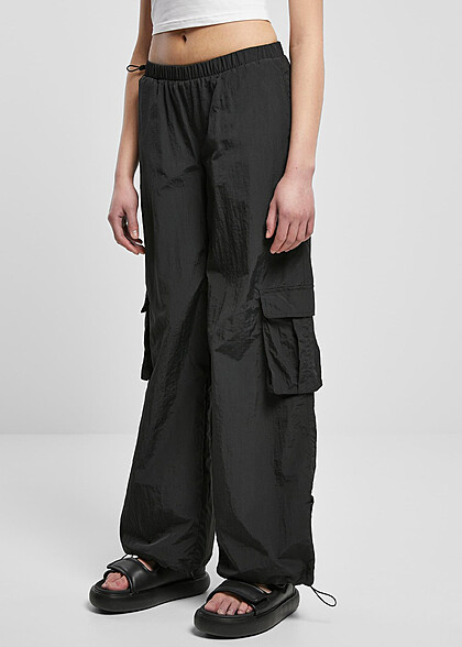 Urban Classics Damen Crinkle Nylon Cargohose mit Tunnelzug schwarz
