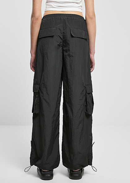 Urban Classics Damen Crinkle Nylon Cargohose mit Tunnelzug schwarz