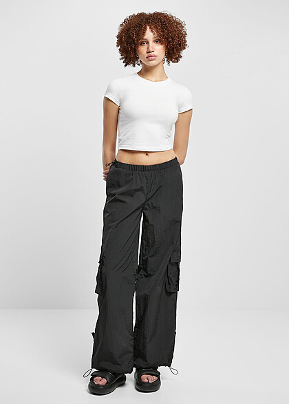 Urban Classics Damen Crinkle Nylon Cargohose mit Tunnelzug schwarz
