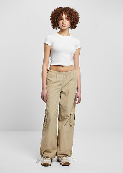 Urban Classics Damen Crinkle Nylon Cargohose mit Tunnelzug concrete beige