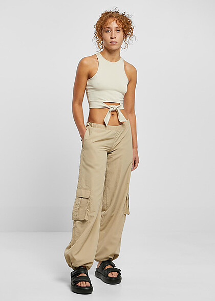 Urban Classics Damen Cropped Top mit Knotendetail soft seagrass beige