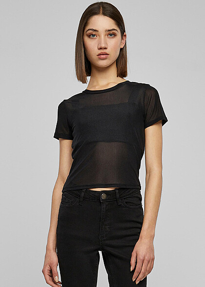 Urban Classics Damen Mesh T-Shirt mit Rundhals schwarz