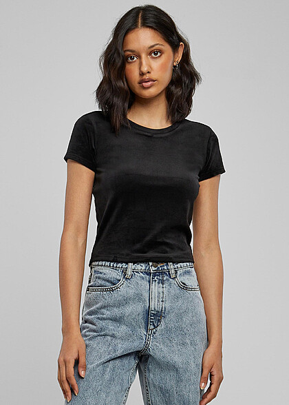 Urban Classics Damen Samt T-Shirt mit Rundhals schwarz