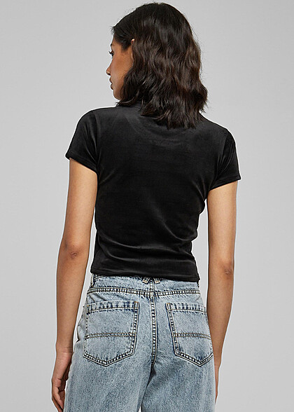 Urban Classics Damen Samt T-Shirt mit Rundhals schwarz