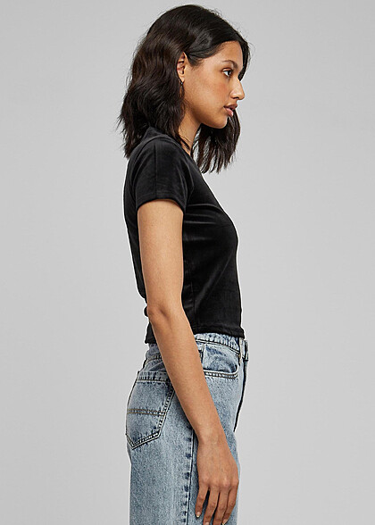 Urban Classics Damen Samt T-Shirt mit Rundhals schwarz