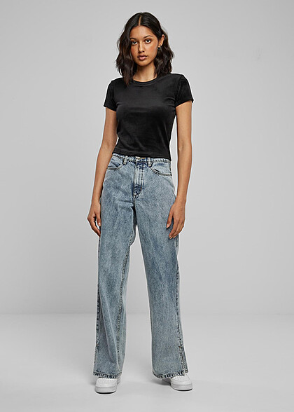 Urban Classics Damen Samt T-Shirt mit Rundhals schwarz