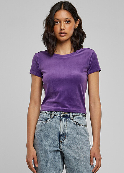 Urban Classics Damen Samt T-Shirt mit Rundhals real violet lila