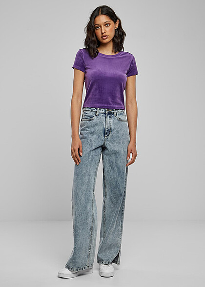 Urban Classics Damen Samt T-Shirt mit Rundhals real violet lila