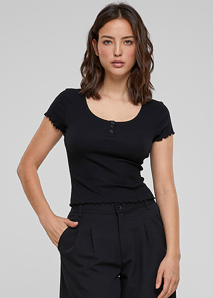 Urban Classics Damen Babylock T-Shirt mit Knopfleiste und Rollsaum schwarz