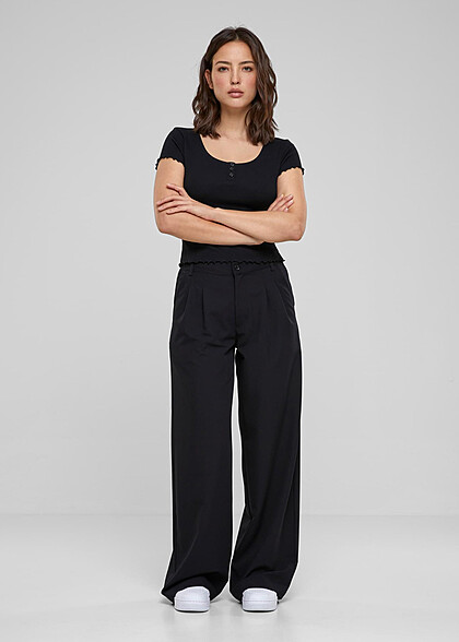 Urban Classics Damen Babylock T-Shirt mit Knopfleiste und Rollsaum schwarz