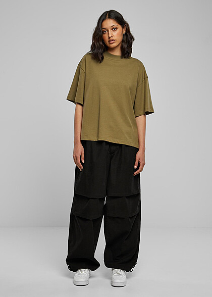 Urban Classics Damen Organic T-Shirt mit Rundhals und Schlitzen tini olive grün