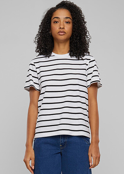 Urban Classics Damen Boxy T-Shirt mit Rundhals und Streifenmuster schwarz weiss