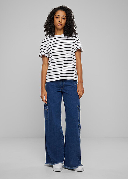 Urban Classics Damen Boxy T-Shirt mit Rundhals und Streifenmuster schwarz weiss