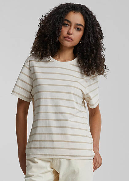 Urban Classics Damen Boxy T-Shirt mit Rundhals und Streifenmuster sand beige