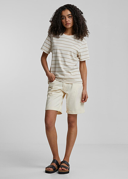 Urban Classics Damen Boxy T-Shirt mit Rundhals und Streifenmuster sand beige