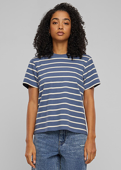 Urban Classics Damen Boxy T-Shirt mit Rundhals und Streifenmuster blau beige
