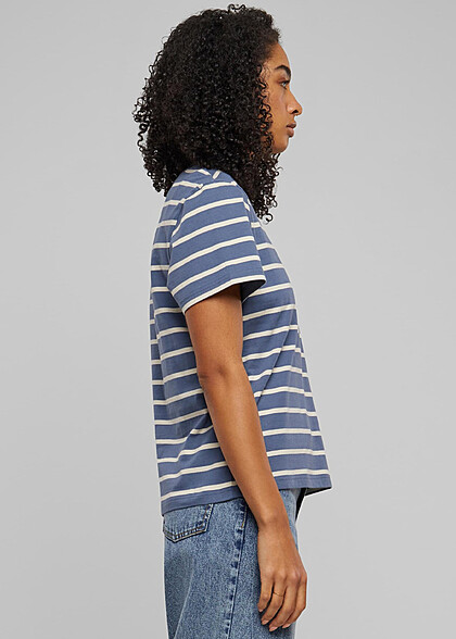 Urban Classics Damen Boxy T-Shirt mit Rundhals und Streifenmuster blau beige