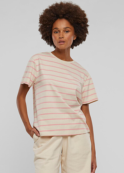 Urban Classics Damen Boxy T-Shirt mit Rundhals und Streifenmuster rosa beige