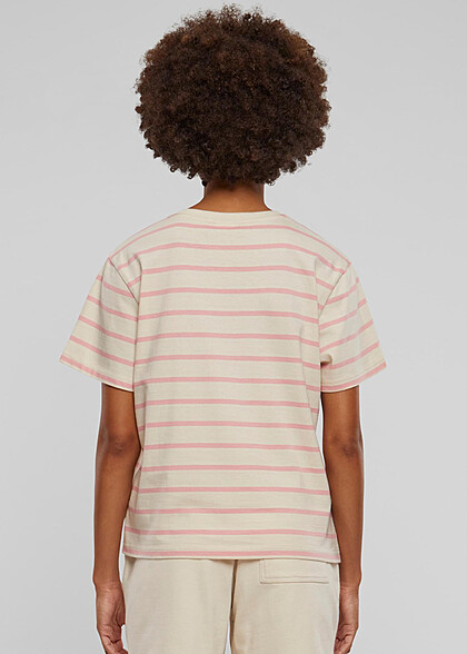 Urban Classics Damen Boxy T-Shirt mit Rundhals und Streifenmuster rosa beige