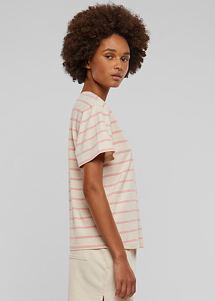 Urban Classics Damen Boxy T-Shirt mit Rundhals und Streifenmuster rosa beige