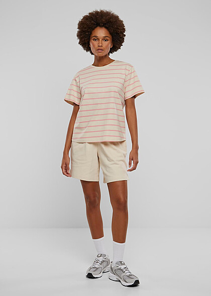 Urban Classics Damen Boxy T-Shirt mit Rundhals und Streifenmuster rosa beige