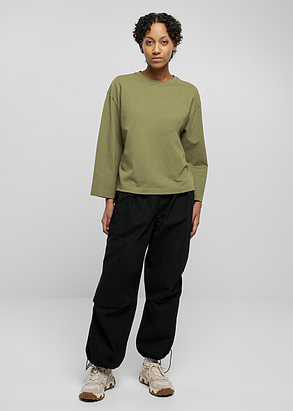 Urban Classics Damen Organic Oversized Basic Longsleeve mit Rundhals tini olive grün