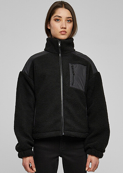 Urban Classics Damen Sherpa Mix Jacke mit Stehkragen und Zipper schwarz