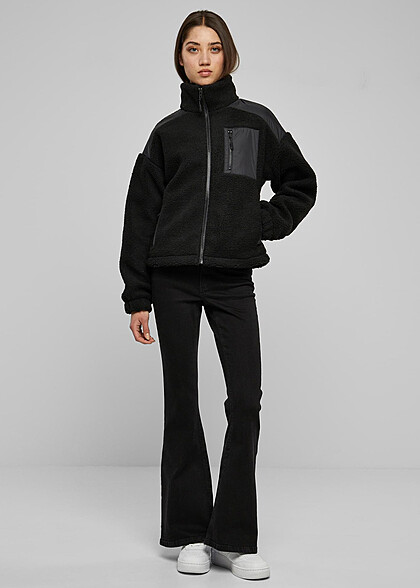 Urban Classics Damen Sherpa Mix Jacke mit Stehkragen und Zipper schwarz