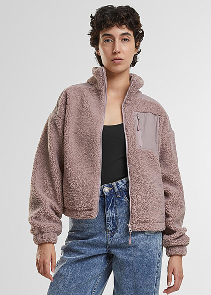 Urban Classics Damen Sherpa Mix Jacke mit Stehkragen und Zipper duskrose rosa