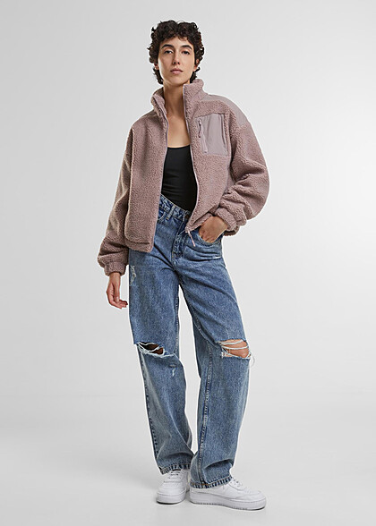 Urban Classics Damen Sherpa Mix Jacke mit Stehkragen und Zipper duskrose rosa