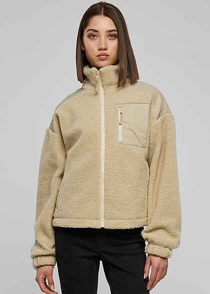 Urban Classics Damen Sherpa Mix Jacke mit Stehkragen und Zipper wetsand beige