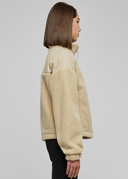 Urban Classics Damen Sherpa Mix Jacke mit Stehkragen und Zipper wetsand beige