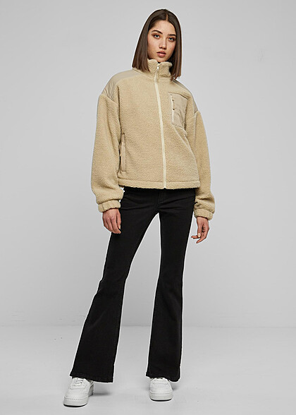 Urban Classics Damen Sherpa Mix Jacke mit Stehkragen und Zipper wetsand beige