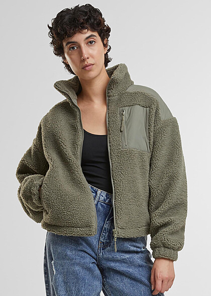 Urban Classics Damen Sherpa Mix Jacke mit Stehkragen und Zipper pale grn