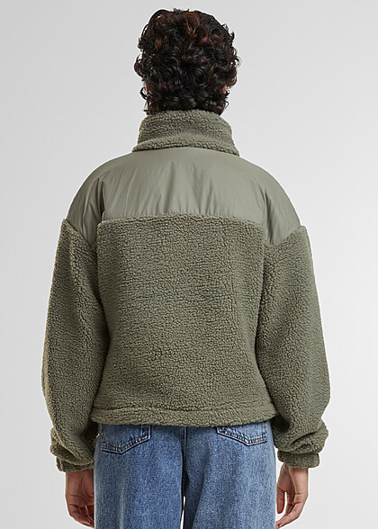 Urban Classics Damen Sherpa Mix Jacke mit Stehkragen und Zipper pale grün