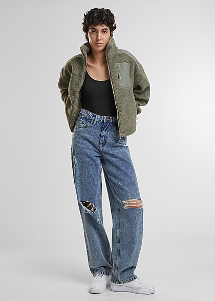 Urban Classics Damen Sherpa Mix Jacke mit Stehkragen und Zipper pale grün