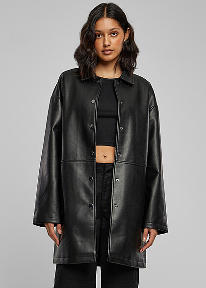 Urban Classics Damen Mantel Kunstleder mit Knopfleiste schwarz