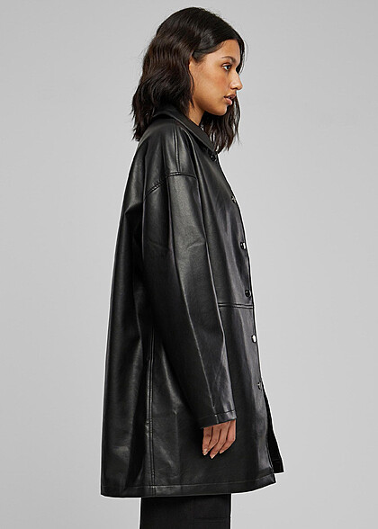 Urban Classics Damen Mantel Kunstleder mit Knopfleiste schwarz