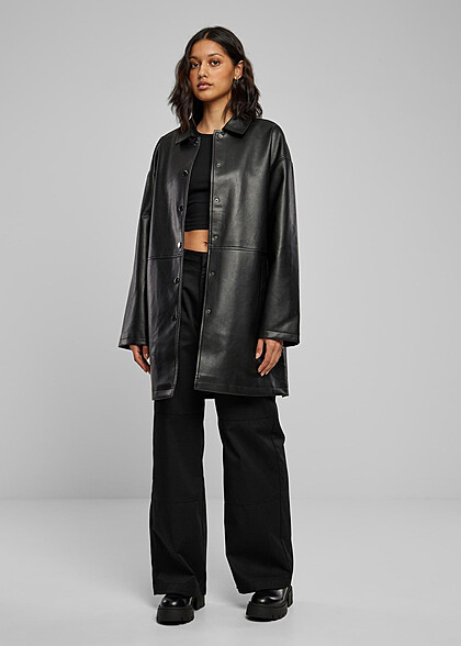 Urban Classics Damen Mantel Kunstleder mit Knopfleiste schwarz