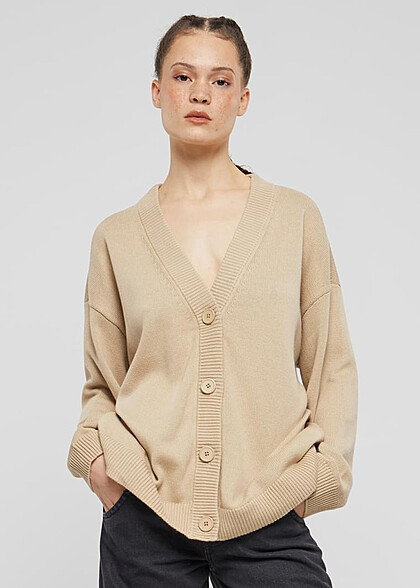 Urban Classics Damen Cardigan Strickjacke mit Knopfleiste wetsand beige