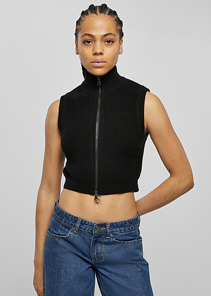 Urban Classics Damen Cropped Strickweste mit Zipper und Stehkragen schwarz