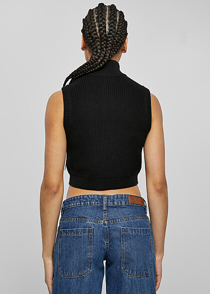 Urban Classics Damen Cropped Strickweste mit Zipper und Stehkragen schwarz