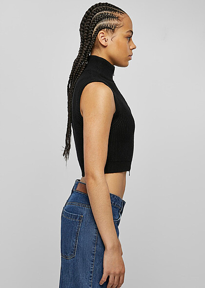 Urban Classics Damen Cropped Strickweste mit Zipper und Stehkragen schwarz